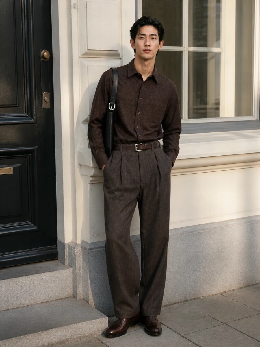 Our legacy pinstripe trousers brown check shirt