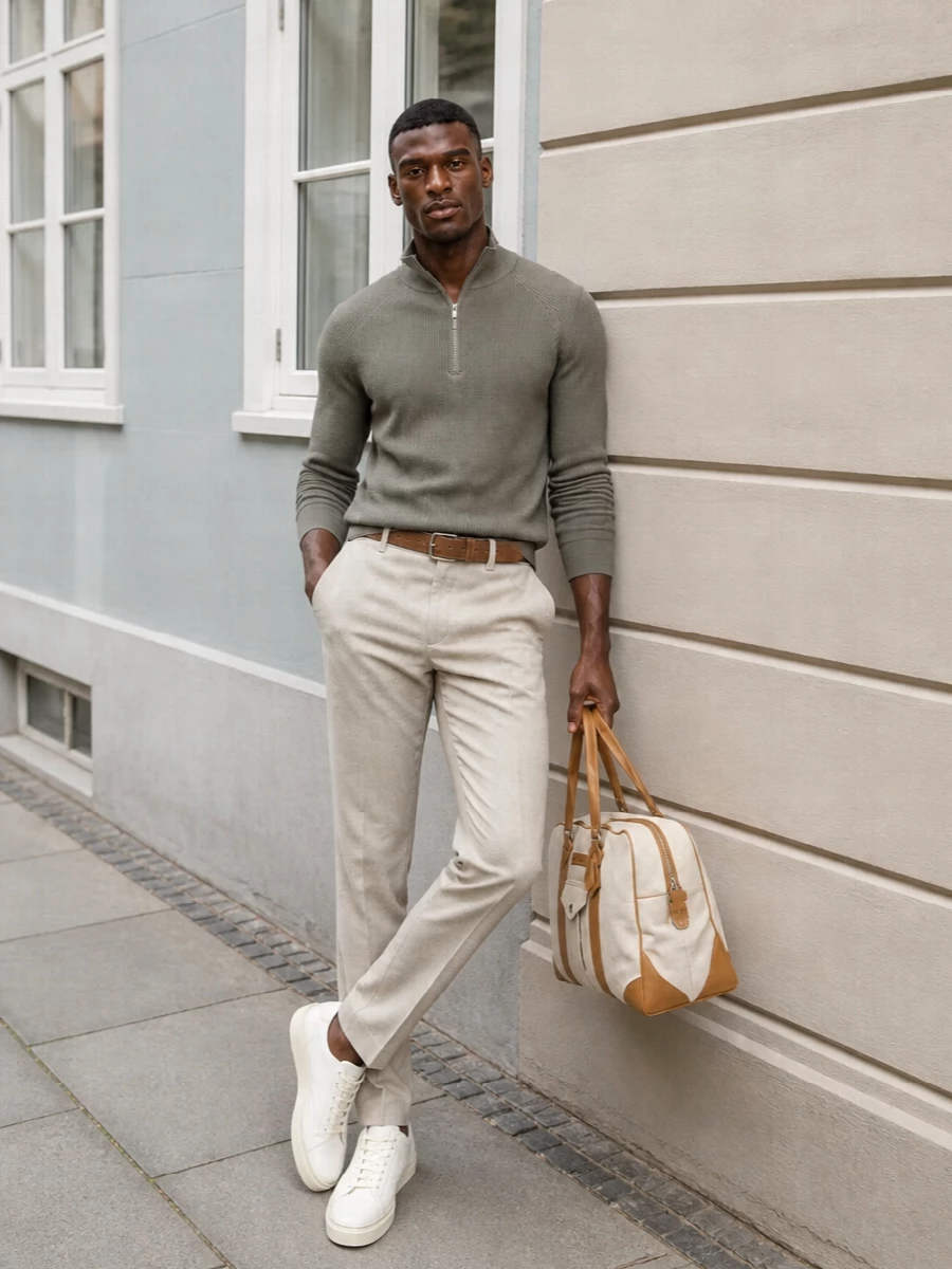 Brunello cucinelli half zip beige trousers outfit