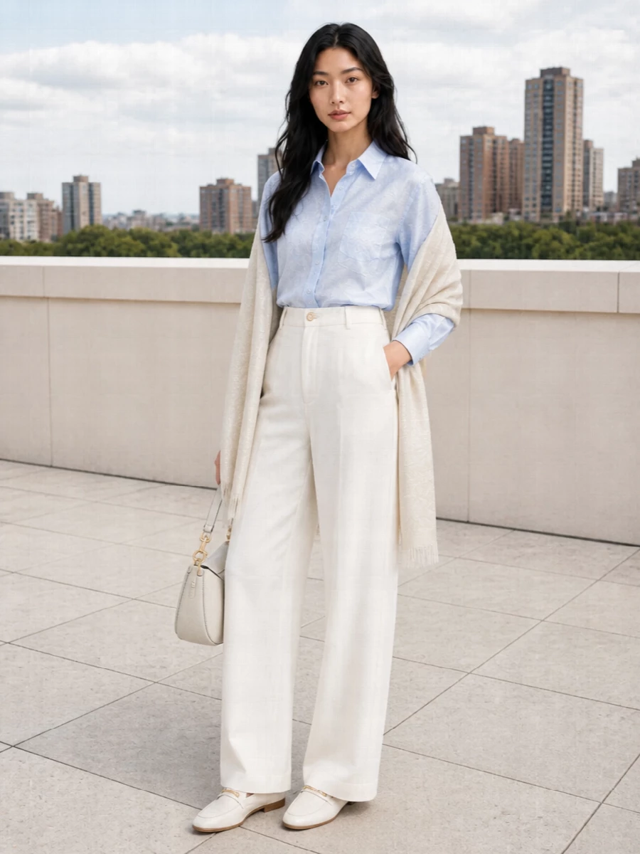 Soft ivory and powder blue create a quietly polished pairing that feels calm but considered. The relaxed shirt and high-rise wide leg balance structure with ease, ideal for warm city days that may end at a terrace dinner. Clean ivory accessories keep the focus on proportion and texture rather than overt branding or colour clashes.