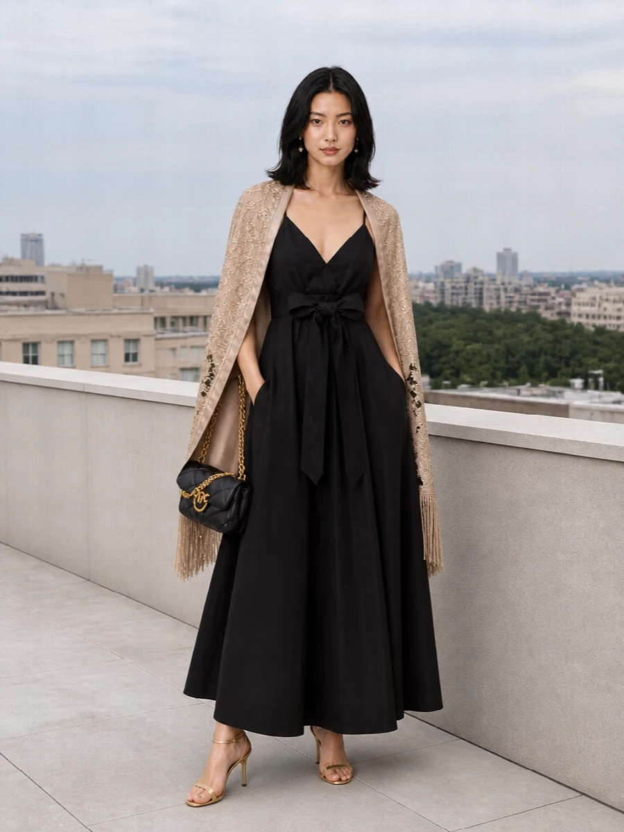 Pinko black evening dress metallic heels