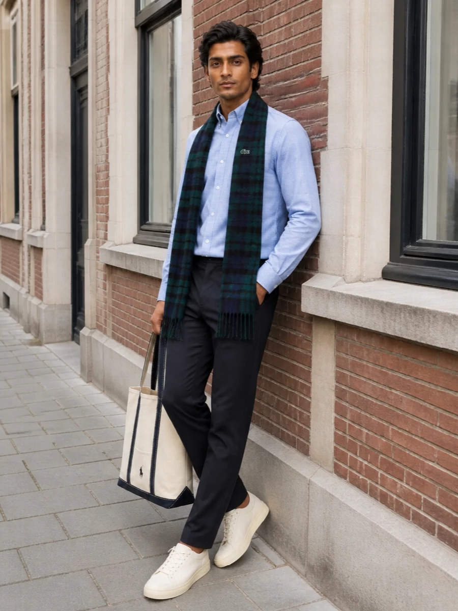 Lacoste gingham shirt navy chinos sneakers