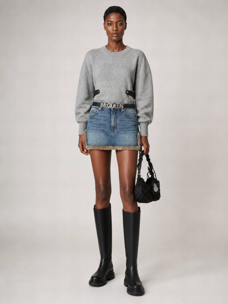 Alexander Wang Denim Fur Trim Mini Skirt