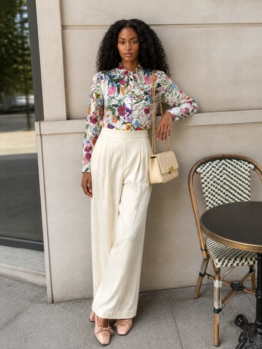 Gucci’s botanical blouse is grounded with Fendi’s buttercream wide-leg trouser for a romantic, gallery-ready pairing that feels polished rather than busy. Soft blush-nude Valentino slingbacks and a tonal quilted shoulder bag keep the palette luminous and preppy, letting the floral print read as the intentional statement. The result is a refined spring ensemble that moves easily from daytime engagements to early cocktails without losing its charm.