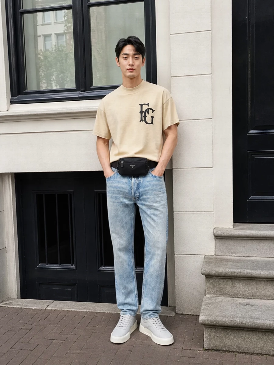 Light-wash Fear Of God denim paired with the butter boxy tee lands in that sweet spot between clean and relaxed, all in a soft, sun-faded palette. Pale grey sneakers keep the line minimal and modern, while the black nylon belt bag and leather belt add just enough definition to ground the neutrals without disturbing the calm mood.
