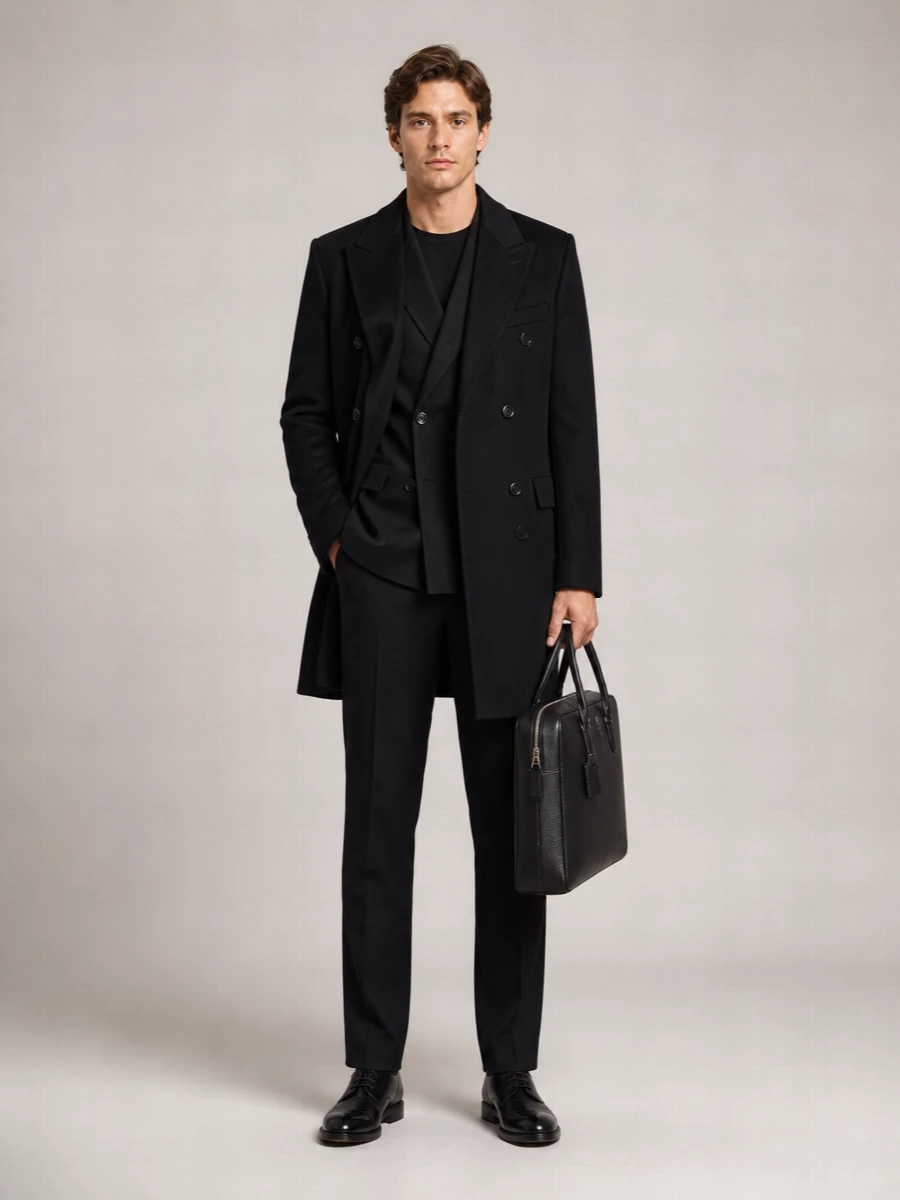A deep-black tailoring column under the double-breasted Armani coat creates a precise, uninterrupted vertical line that feels calm and authoritative. Glossy, minimal derbies and a structured Tom Ford briefcase sharpen the mood, keeping everything in the realm of discreet power dressing for colder months.