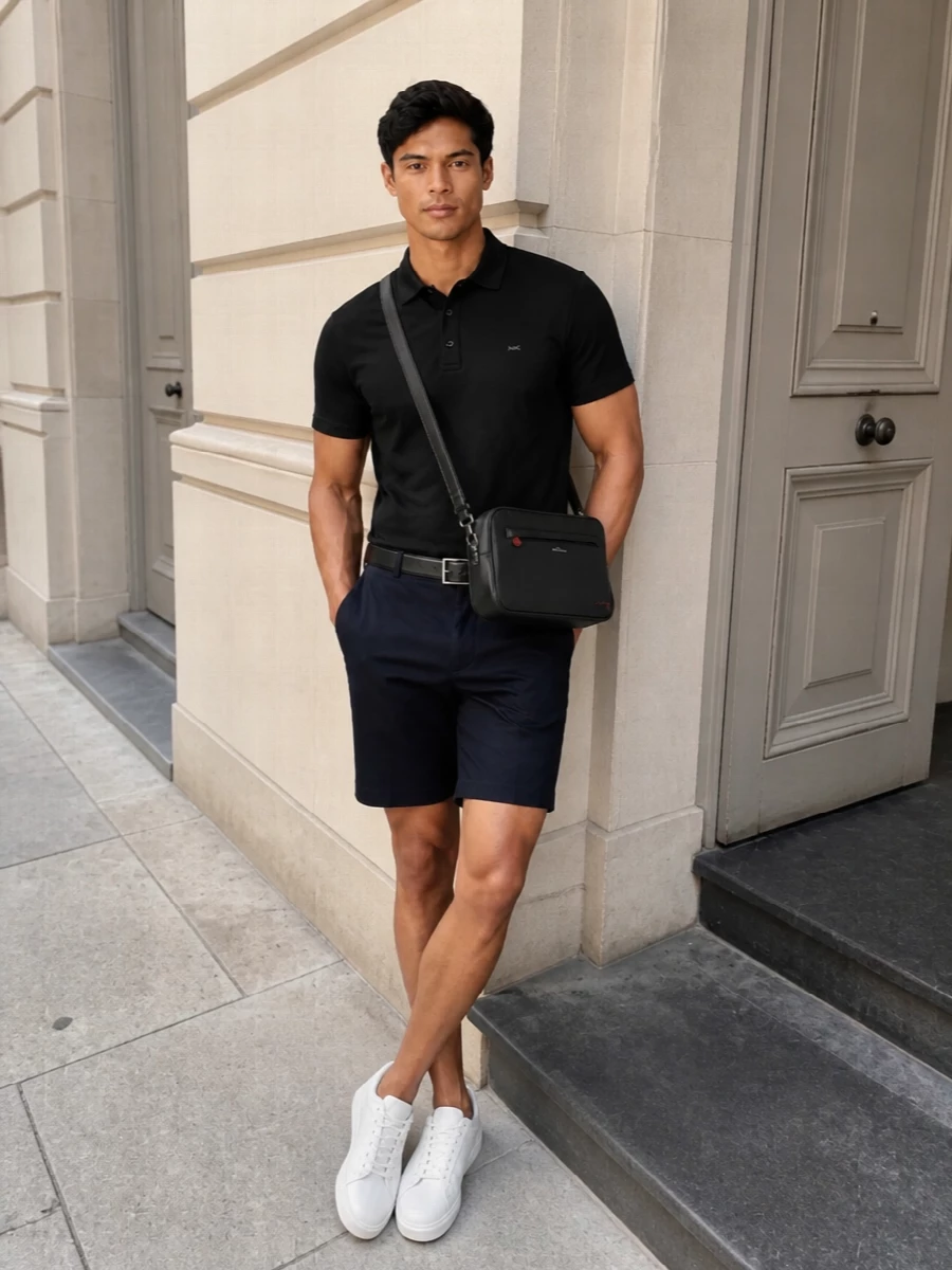 A black Michael Kors polo anchors navy tailored shorts for a sharp, minimal take on warm weather dressing. Soft-white Hogan sneakers keep it clean and modern, while the Montblanc belt and Kiton crossbody add discreet structure without breaking the quiet, dark palette. The result is relaxed but put-together, ideal for city days and smart casual dinners alike.