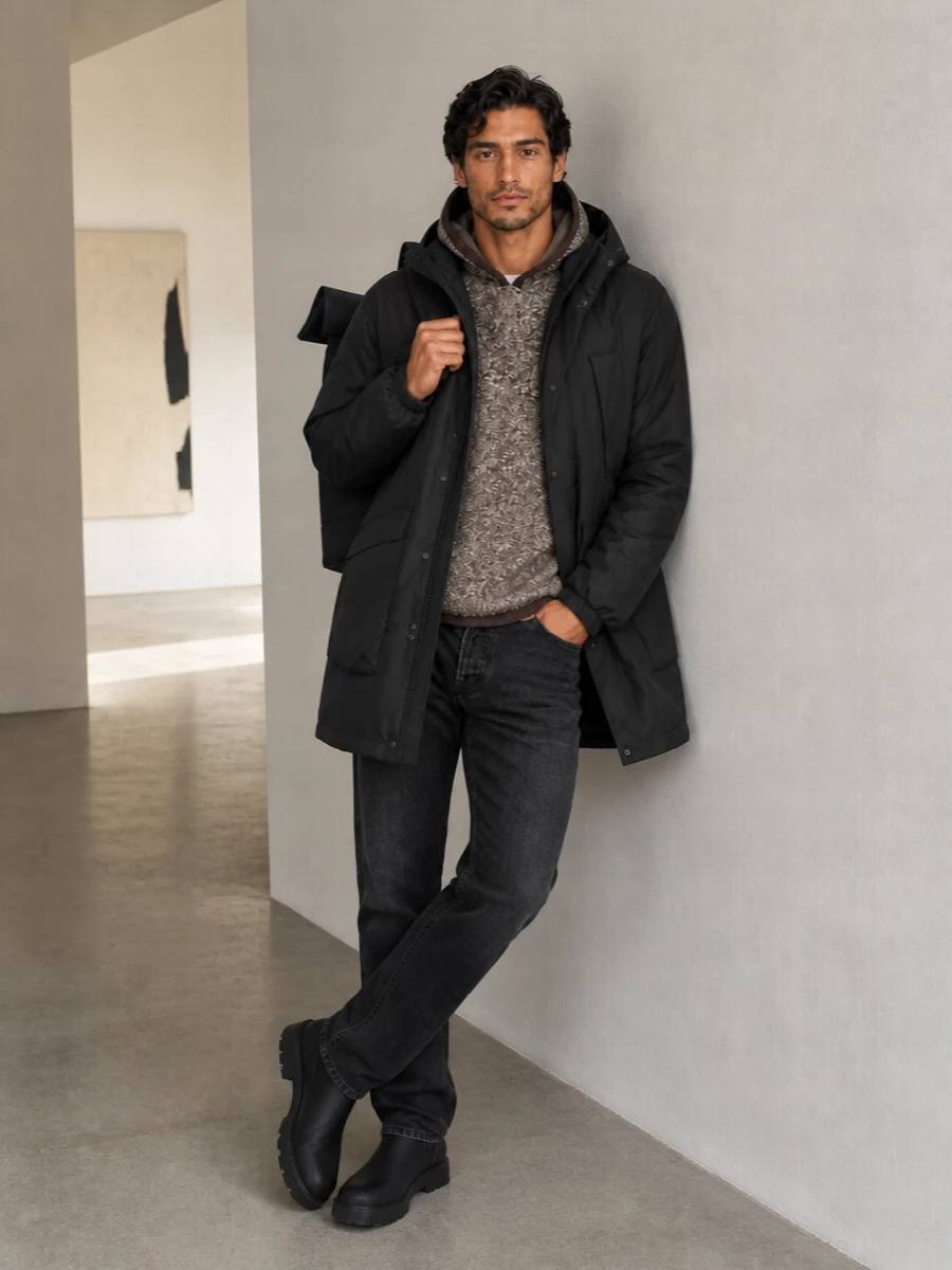 Rains parka burberry boots black jeans outfit