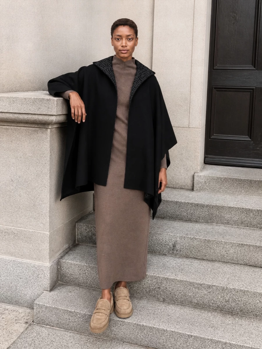 I’m styling the Fendi poncho over a single long knitted column rather than top and trousers so the outer layer stays architectural instead of bulky. The Max Mara taupe maxi creates a continuous, softly sculpted line that lets the poncho and its monogram lining read as the key gesture, while the camel shearling loafers and Tod’s shoulder bag bring a subtle preppy warmth that keeps the neutrals rich rather than flat. It feels like winter cocoon dressing for the city, relaxed in ease but absolutely composed in palette and proportion.