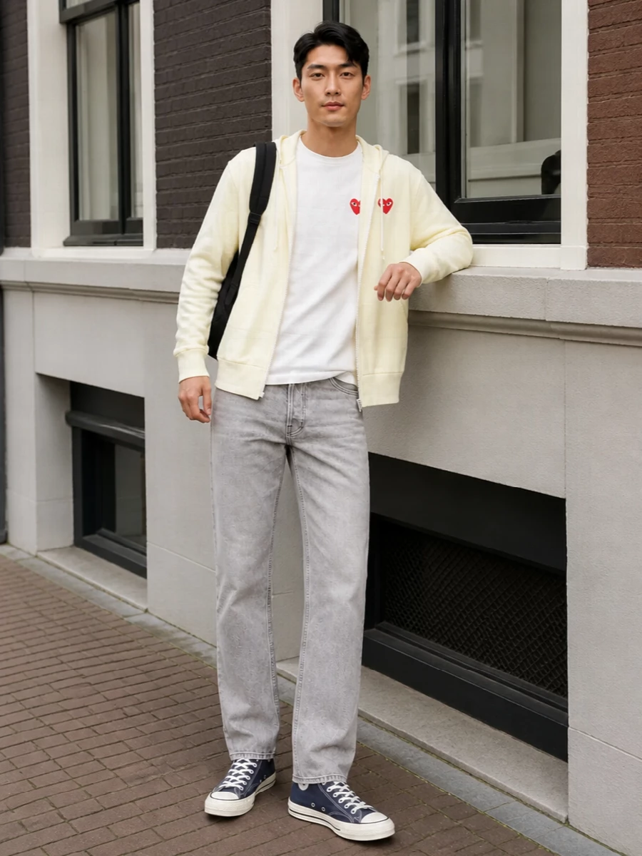 Comme des garcons play hoodie grey jeans outfit