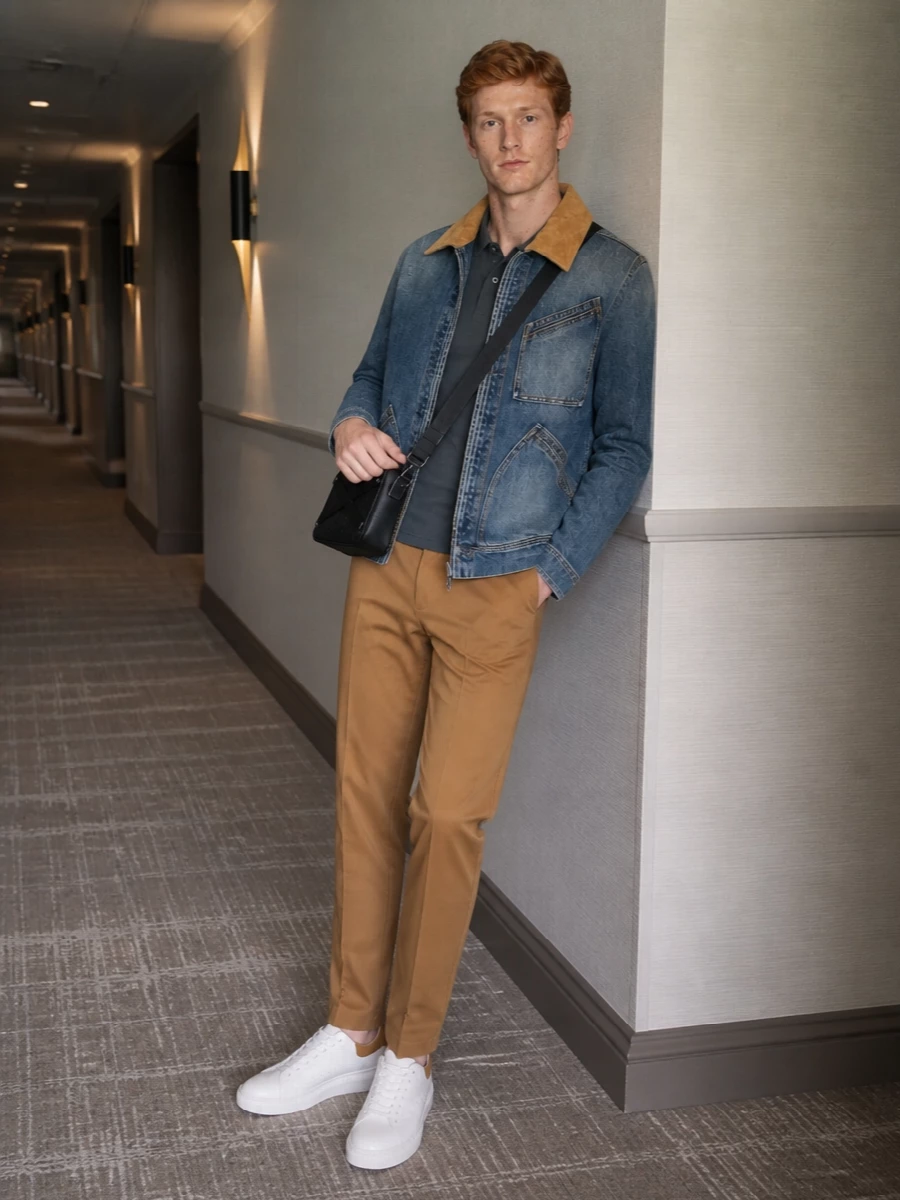 Alexander mcqueen denim jacket camel trousers outfit
