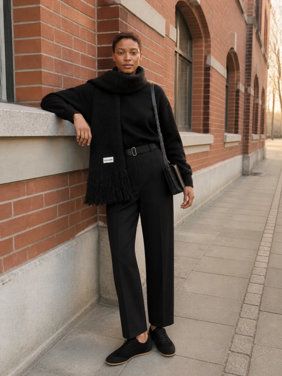A strict black column built around the boxy sweatshirt and high-rise wide-leg trouser feels calm, precise and quietly expensive. Sleek Jil Sander sneakers and a sculptural cross-body keep the mood urban and pared back, while the brushed black scarf adds just enough texture to soften the severity without breaking the monochrome line.