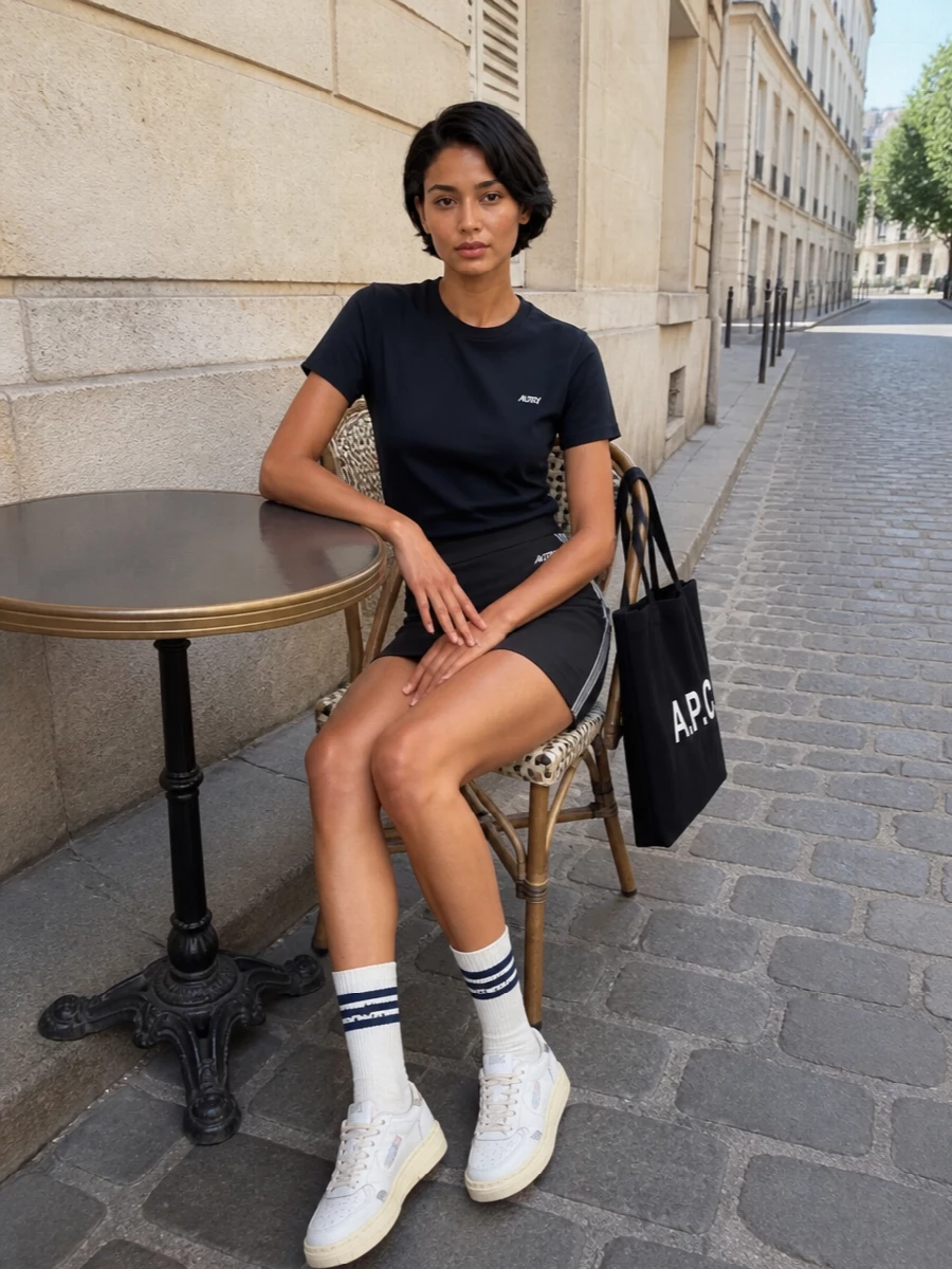 Deep navy on top with the charcoal mini reads like a modern court uniform, pared back and graphic rather than overtly sporty. Off-white, navy-accented sneakers and the black logo tote keep everything in a tight, urban palette while the striped socks add a quiet hint of personality. The result is a clean, athletic outfit that feels just as right for city days as for a weekend courtside.