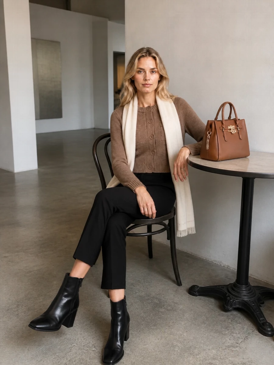 Michael kors taupe cardigan black trousers outfit