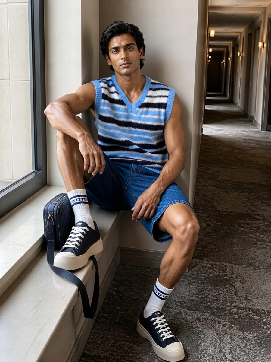 Marni striped vest denim shorts navy sneakers