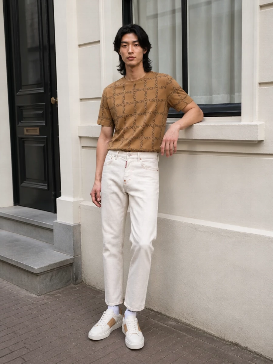 Jw anderson logo tee off white jeans outfit