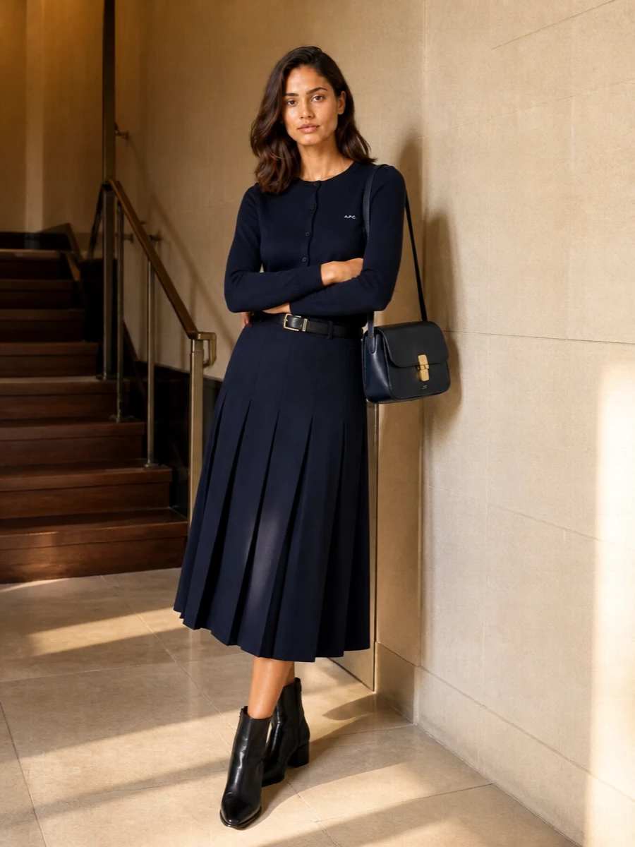Apc navy pleated midi cardigan black ankle boots