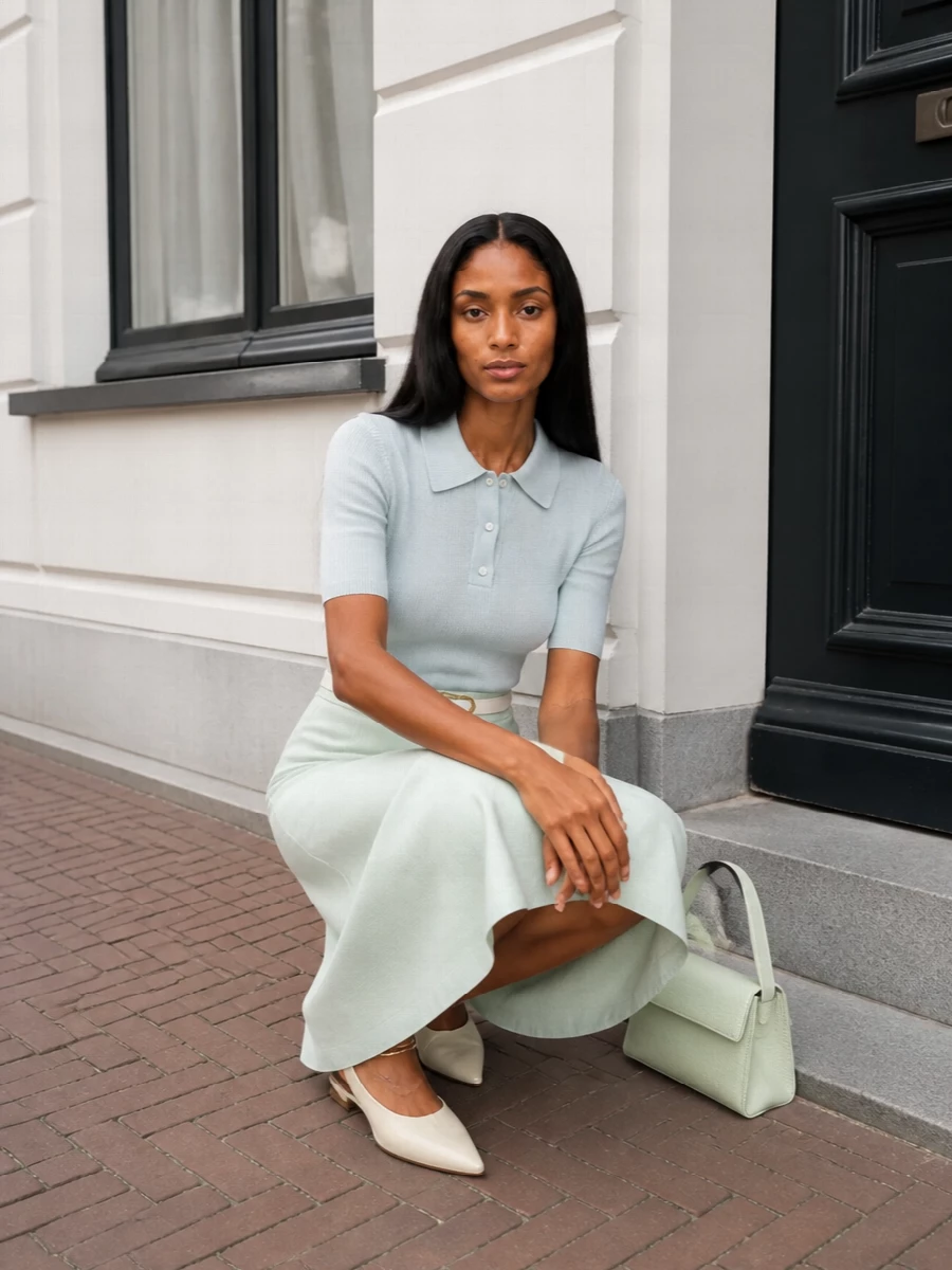 Jil sander mint midi skirt knit polo outfit