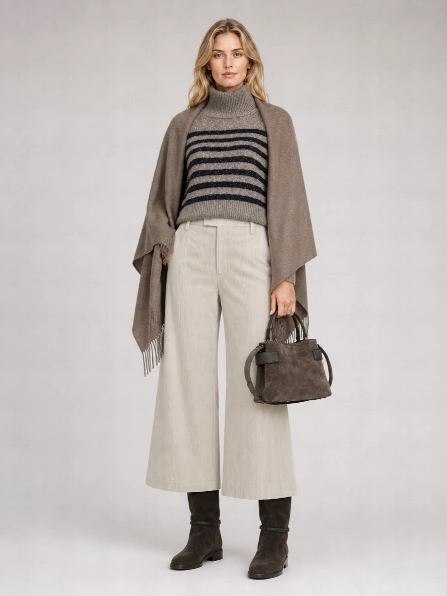 Brunello Cucinelli Wool Cashmere Striped High Neck Cropped Sweater
