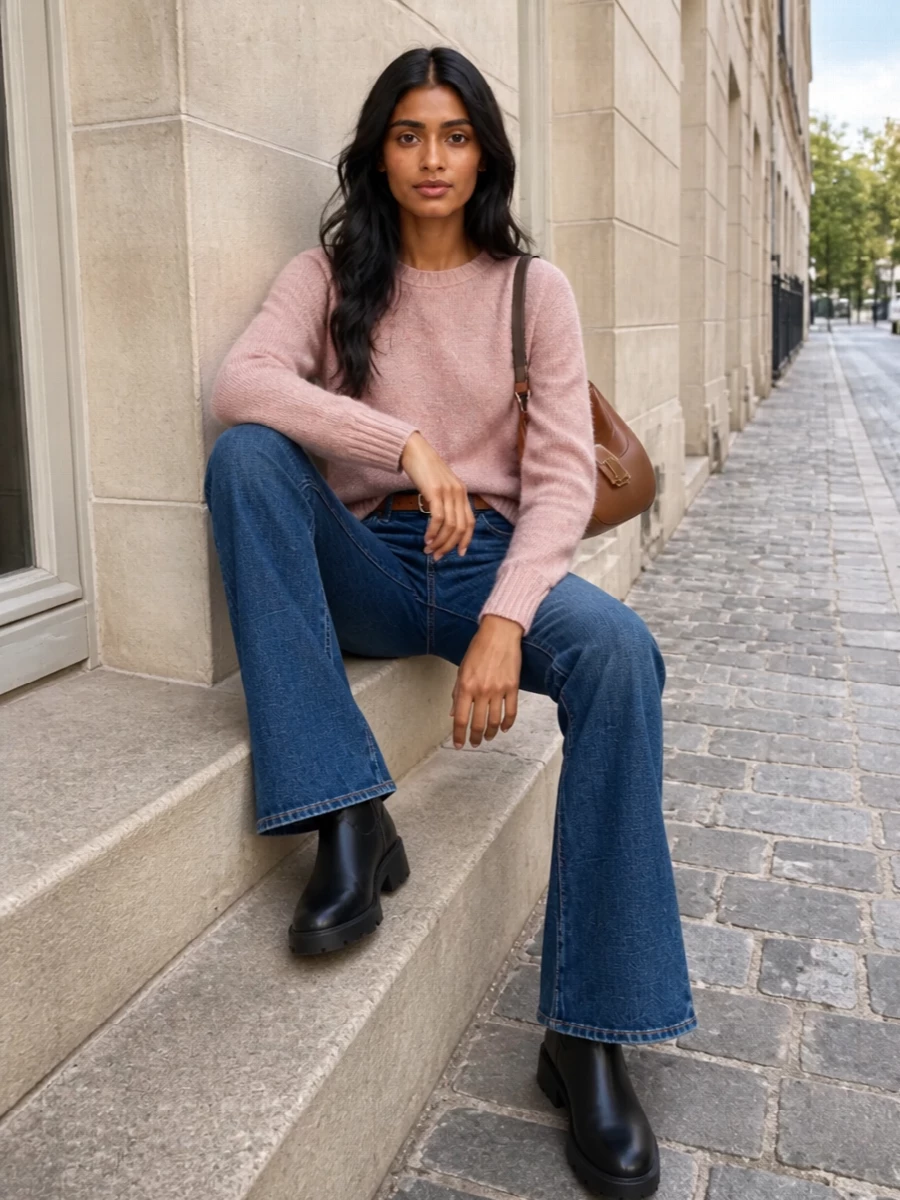 Mid-indigo flared denim pairs with a dusty-rose knit for a soft, quiet luxury take on everyday dressing. Grounded by black lug-sole boots and framed with tan leather accents, the palette feels warm yet sharp. The proportions stay long and lean, with subtle waist definition so the flare reads intentional rather than retro costume.