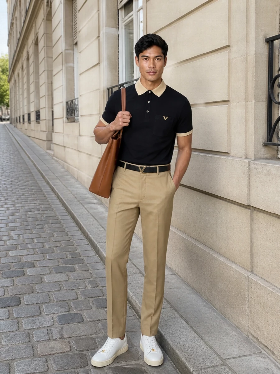 Valentino camel trouser black polo outfit