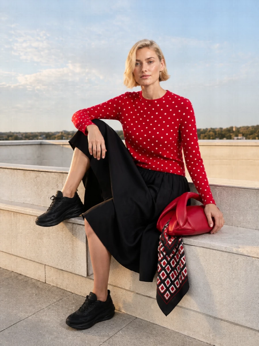 Comme des garcons red polka dot sweatshirt outfit
