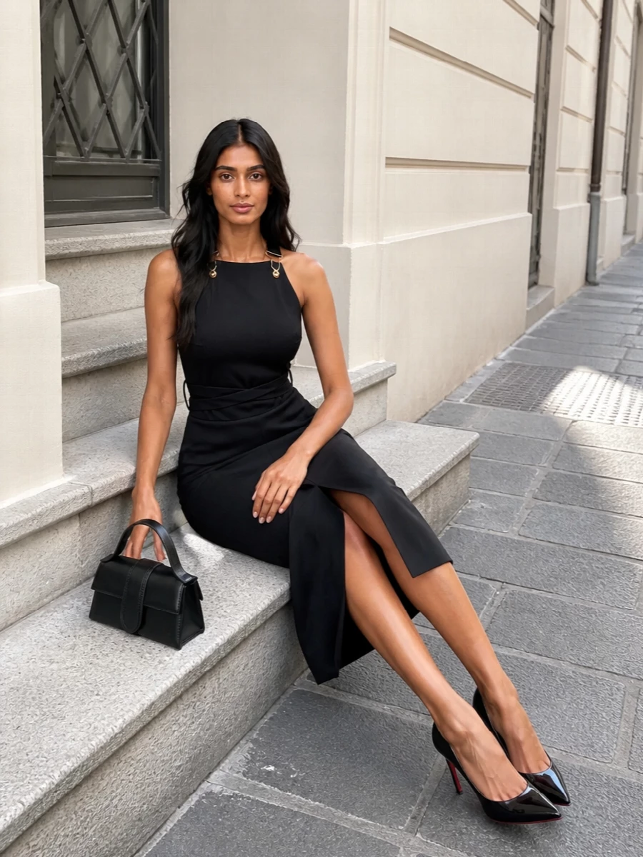This is a precise, modern evening cocktail ensemble built around a sculpted black midi sheath and the gloss of a classic Louboutin pump. The halter neckline, wrapped belt and front slit carve a long, lean line, while the compact Jacquemus top‑handle keeps the profile graphic and controlled. Choosing the dress path lets the shoe’s sharpness and the dress’s hardware do the talking without extra tailoring seams breaking the silhouette.