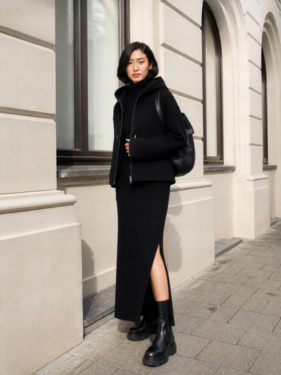 Rick owens knit maxi dress black hooded coat