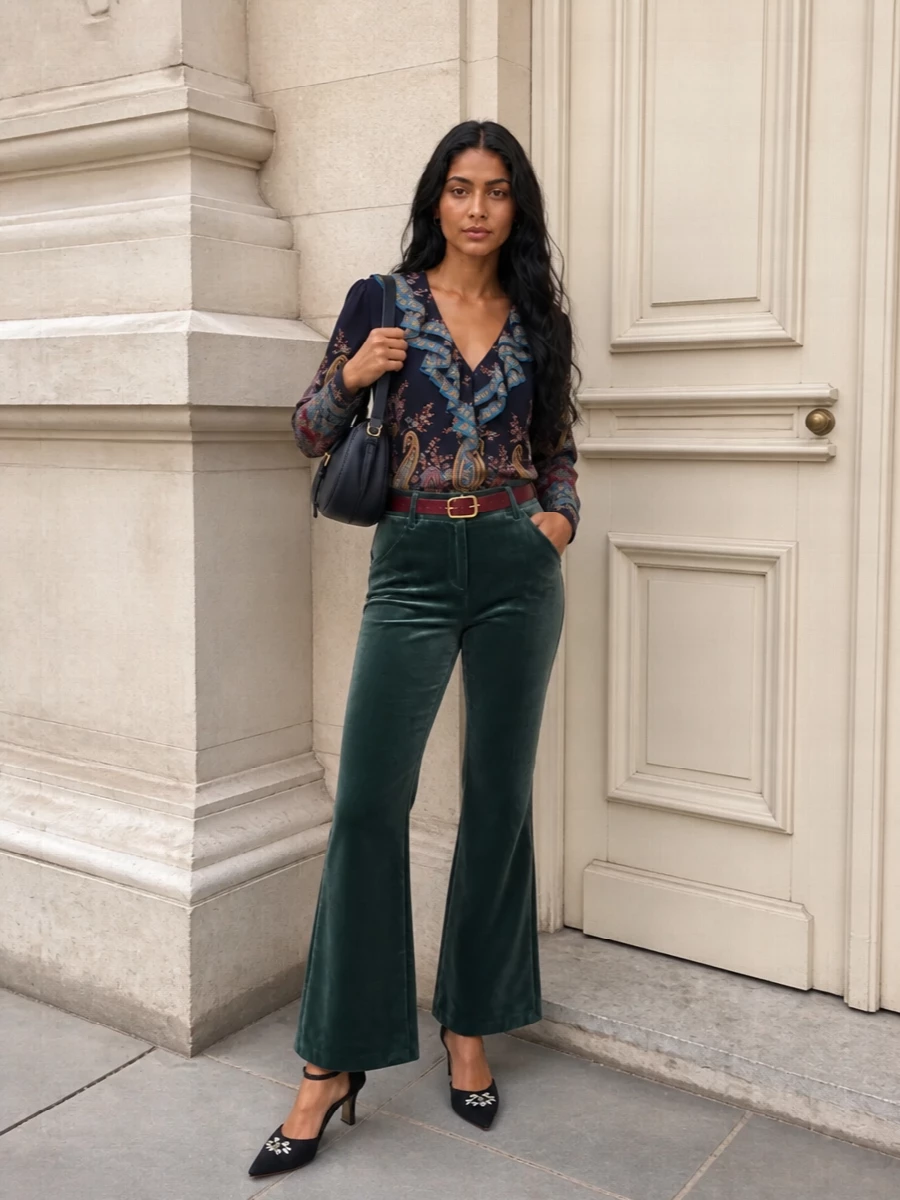 Midnight paisley silk meets deep green velvet for a romantic Etro pairing that feels composed yet expressive. The high-rise flares and slim burgundy belt carve a long, clean line, letting the ruffled blouse carry the narrative. Black satin floral pumps and a navy saddle bag keep the finish sharp, intimate-dinner ready, and quietly opulent.