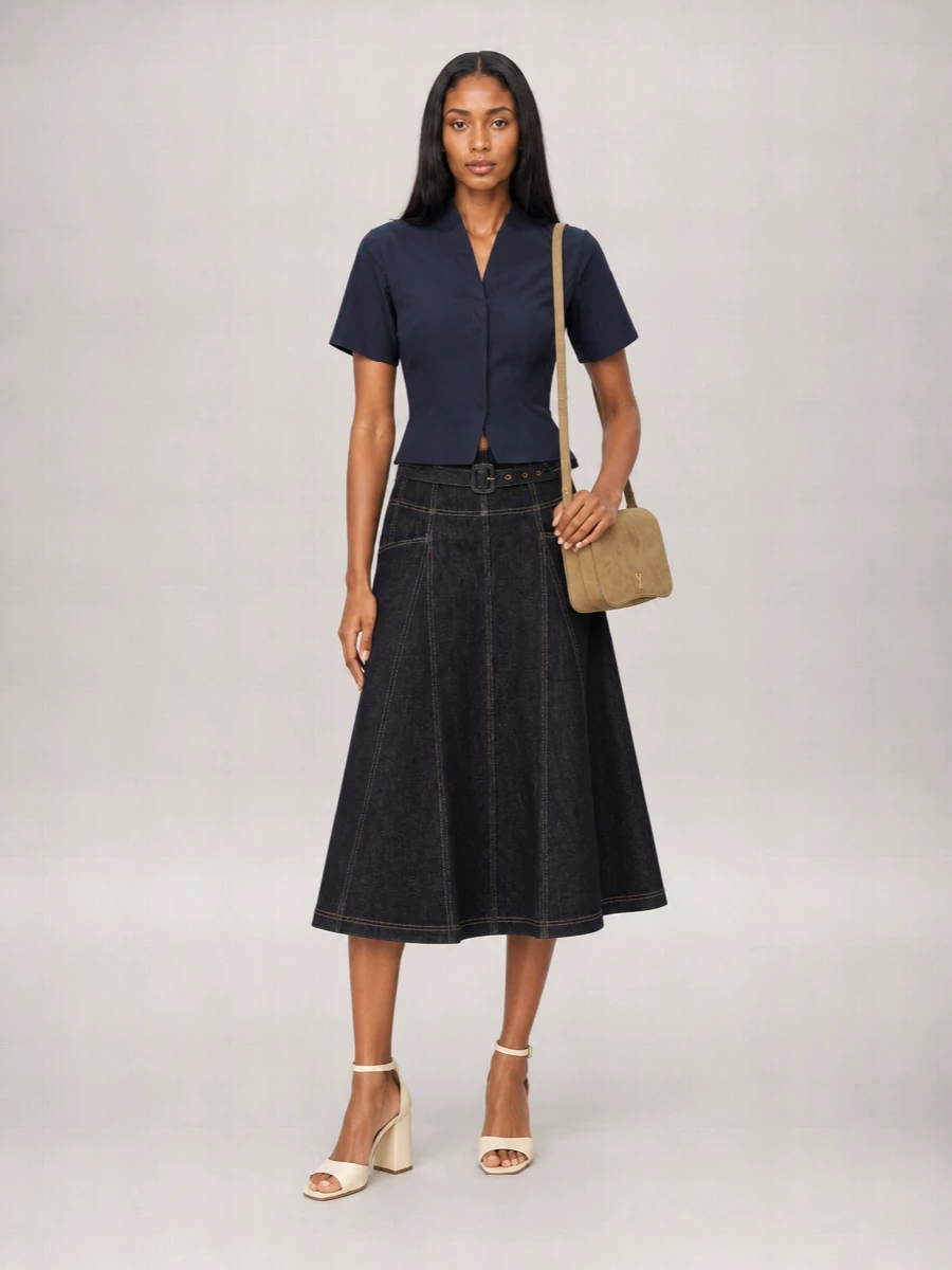 Self-Portrait Denim Sweetheart-Neck Flared Midi Dress