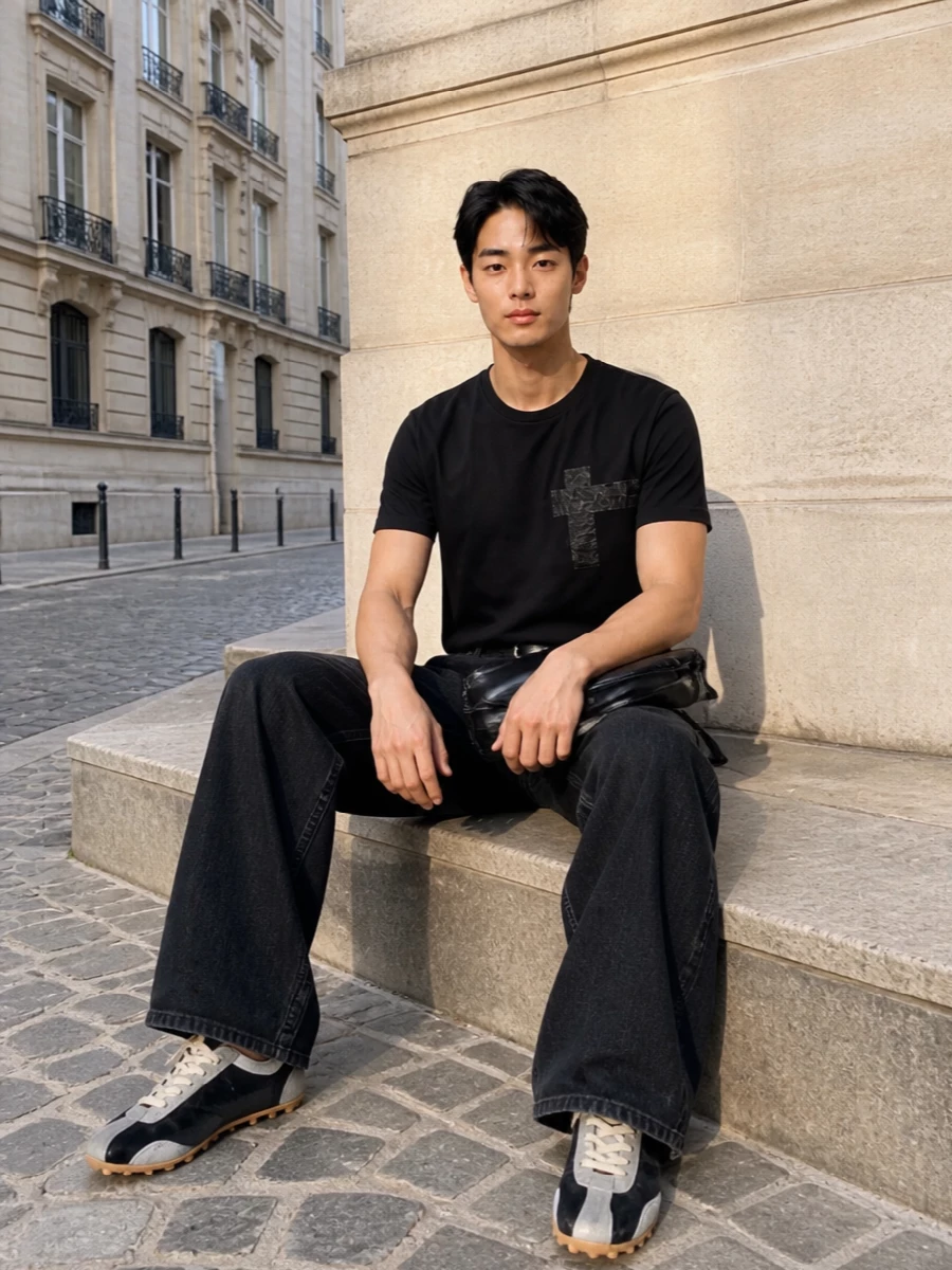 Maison margiela black tee wide leg trousers outfit