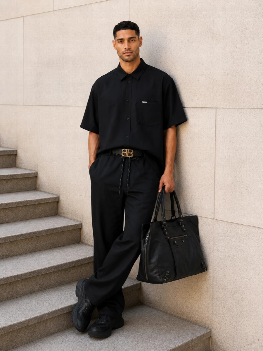 Balenciaga black shirt with straight trousers