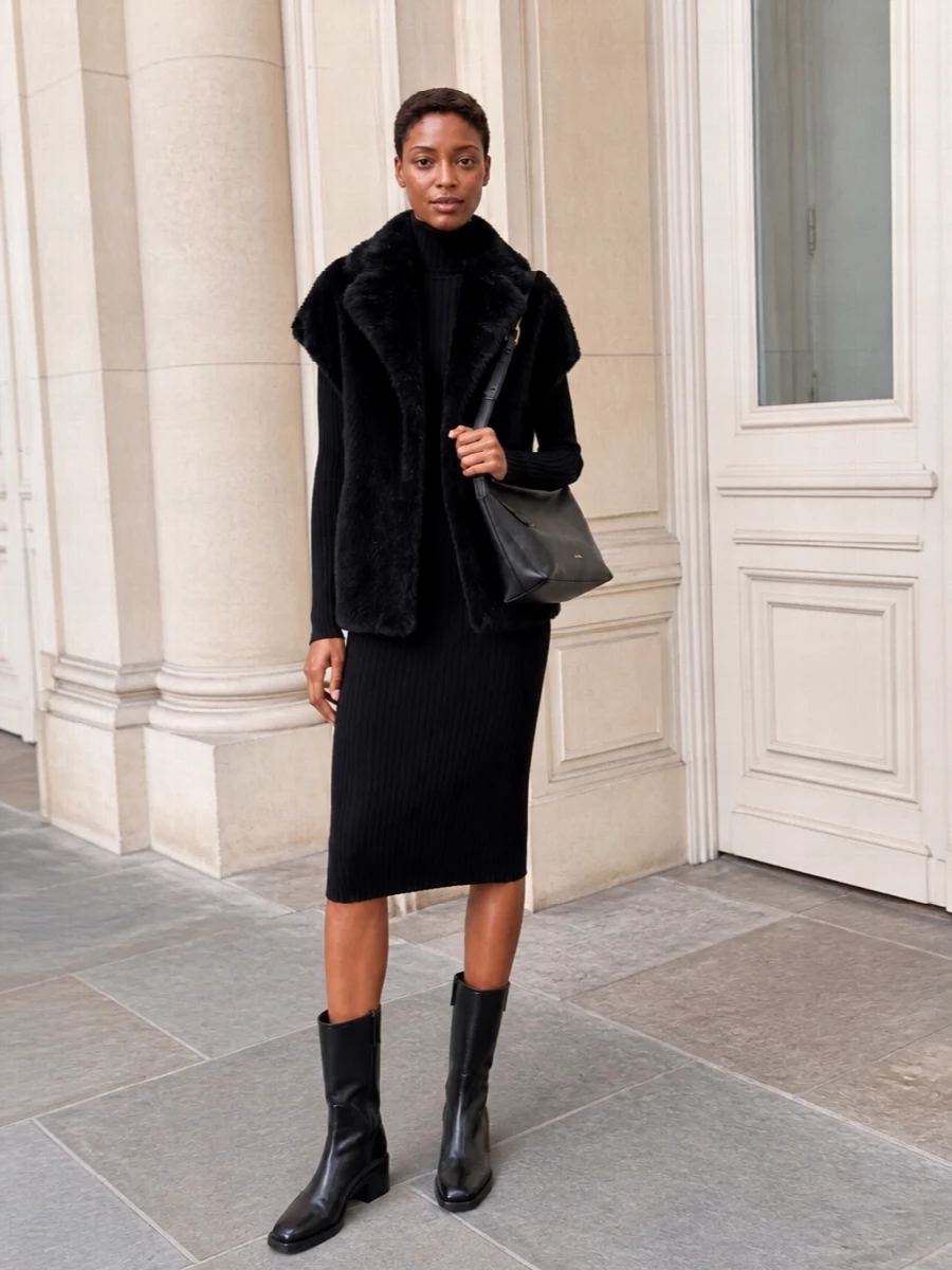Herno faux fur vest black knit dress outfit