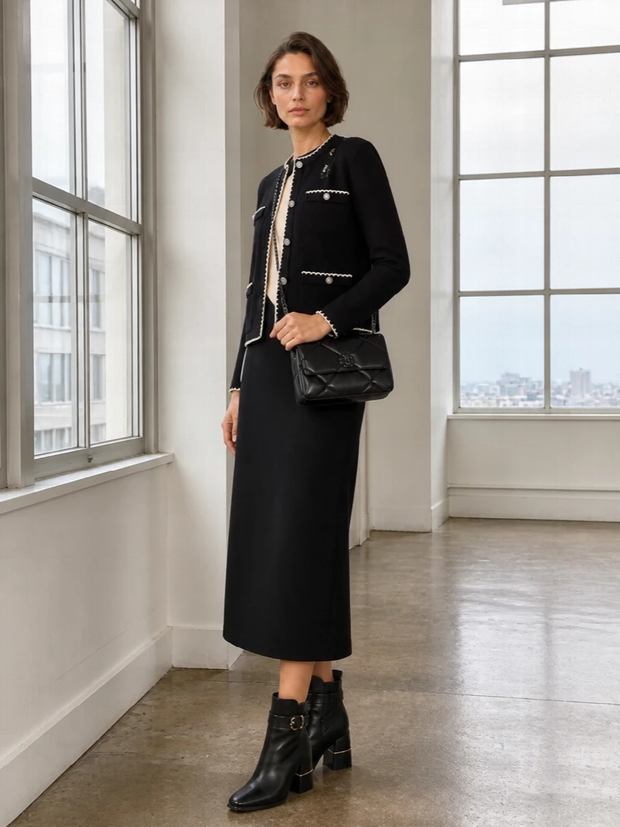 Tory burch black white midi dress outfit