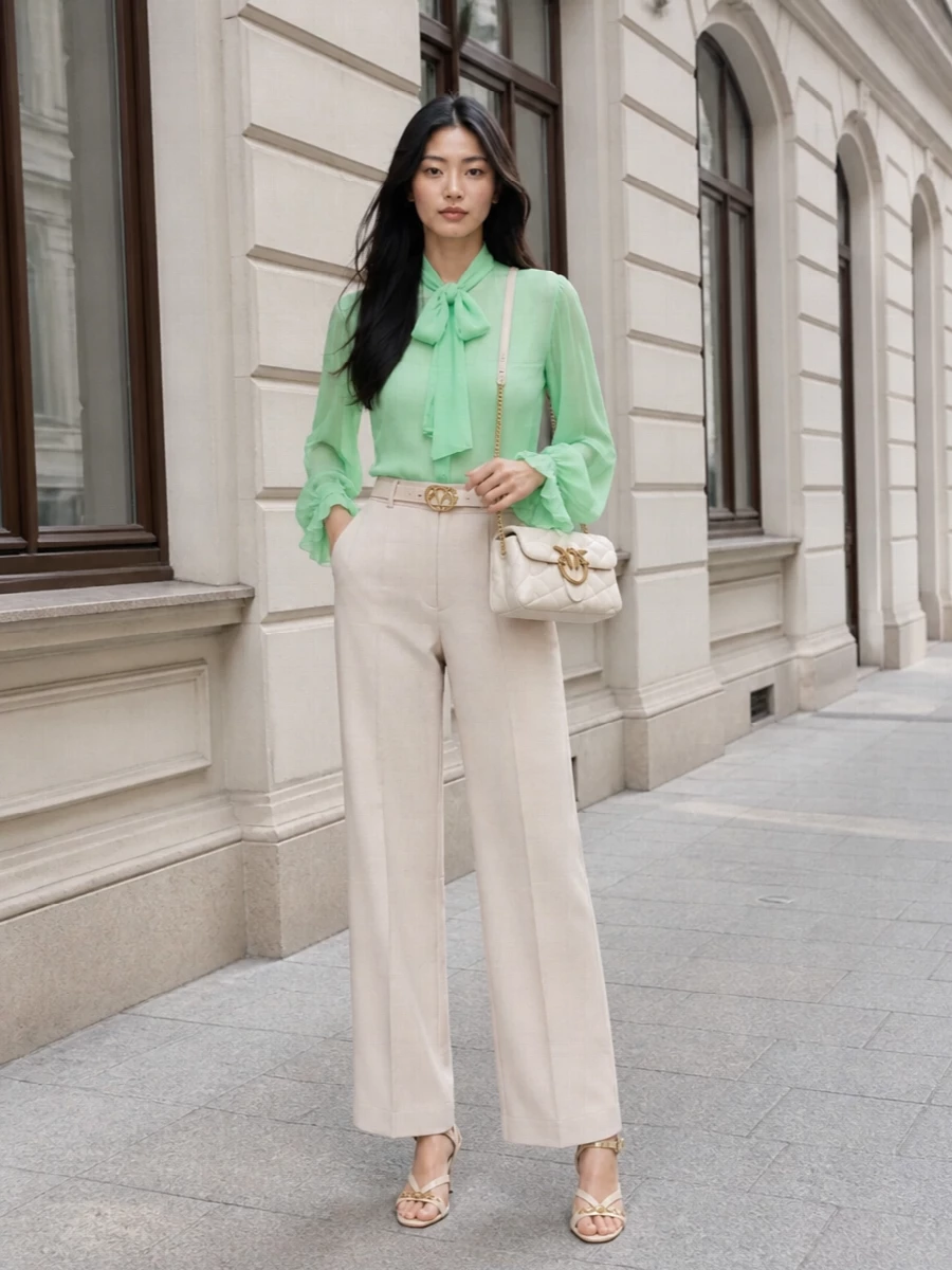 A mint tie-neck blouse paired with light beige wide-leg trousers creates a long, fluid line that feels romantic yet boardroom-ready. Cream strappy heels and a quilted cream cross-body keep the palette soft and luminous, while a nude blush belt and gold hardware quietly pull everything into one polished spring ensemble. Ideal for client lunches that slide into early evening drinks without a change of outfit.