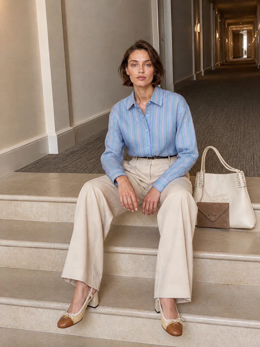 Etro striped shirt beige wide leg trousers