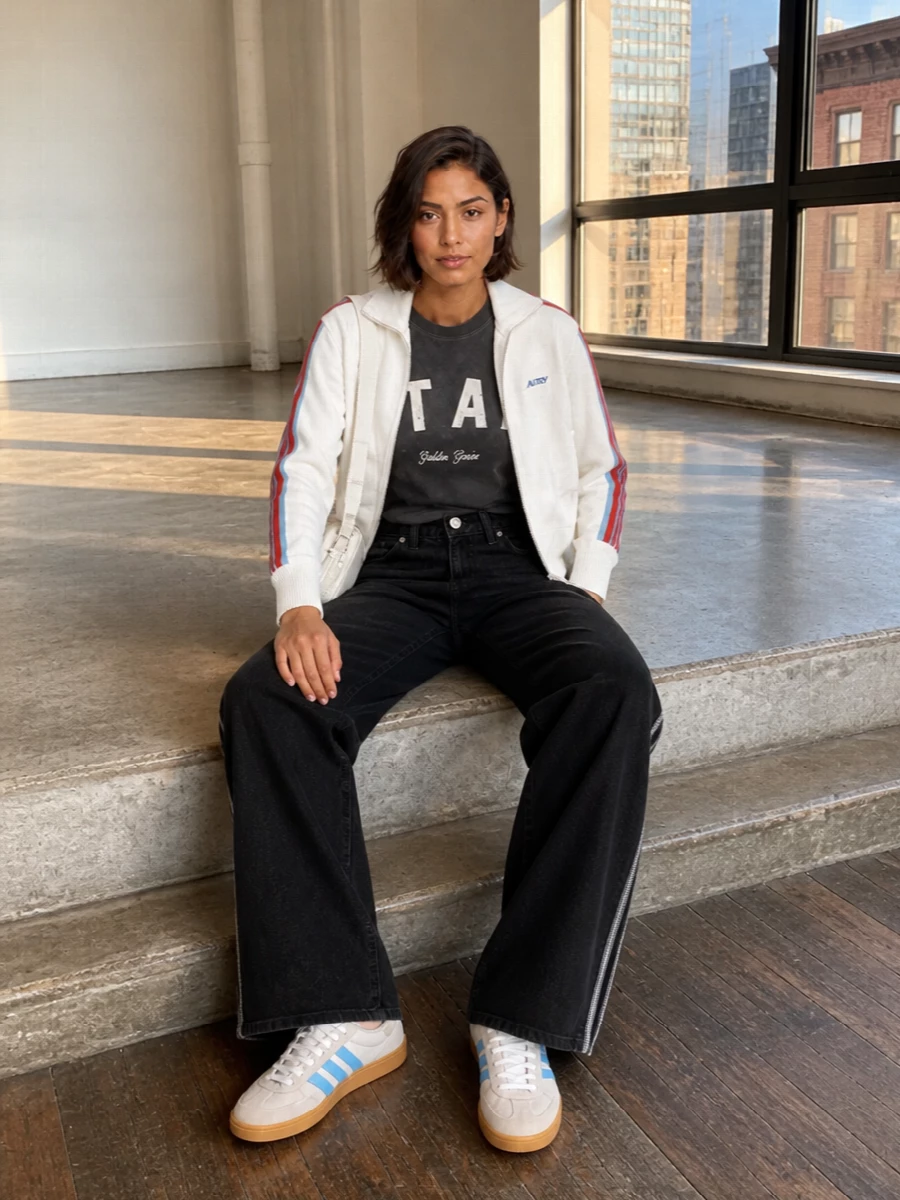 I am keeping this grounded in separates rather than a dress so the bomber can sit as the hero athletic layer over a true streetwear base. The collegiate charcoal tee and striped wide-leg denim echo its vintage sport stripe, while the sky-accent sneakers and clean white crossbody pull the off-white and blue out of the jacket for an easy, modern courtside feel. The mix of Golden Goose, Adidas and Marc Jacobs keeps everything in the same casual-luxury band without tipping too technical.