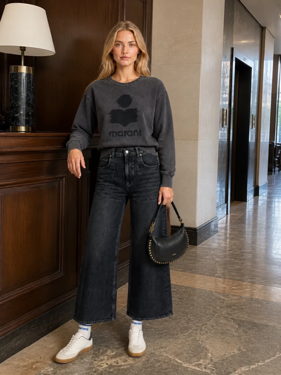 Isabel marant logo sweatshirt wide leg jeans outfit
