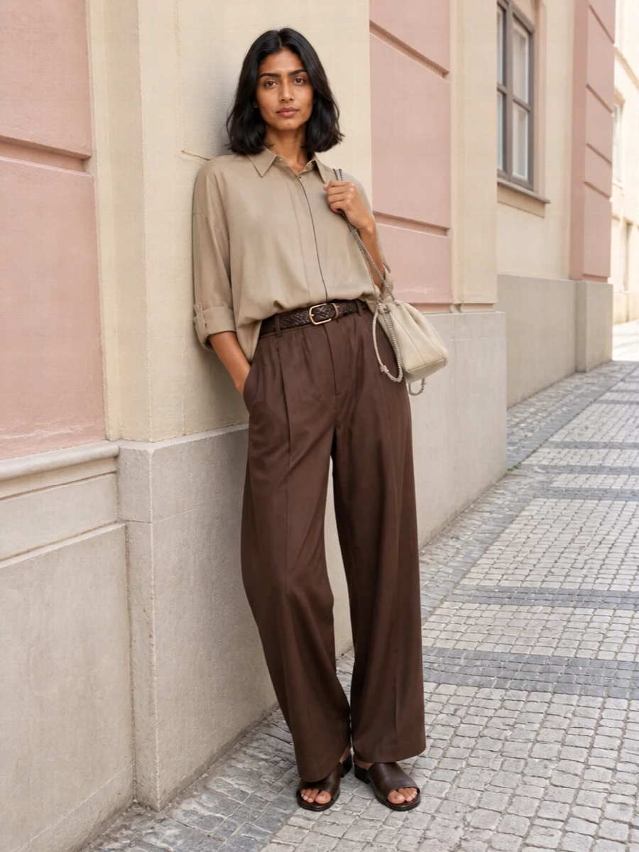 Brunello cucinelli wide leg trouser sand shirt