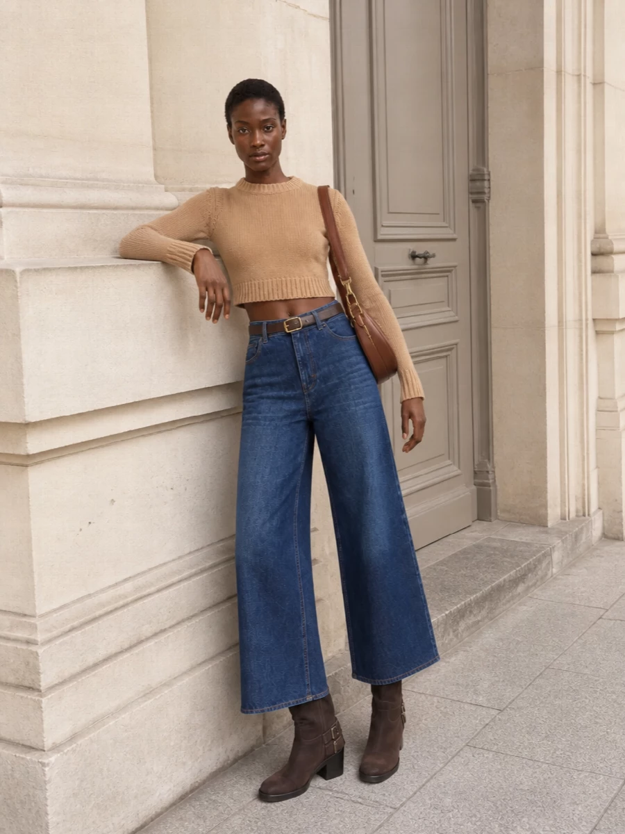 Chloe wide leg jeans camel sweater outfit