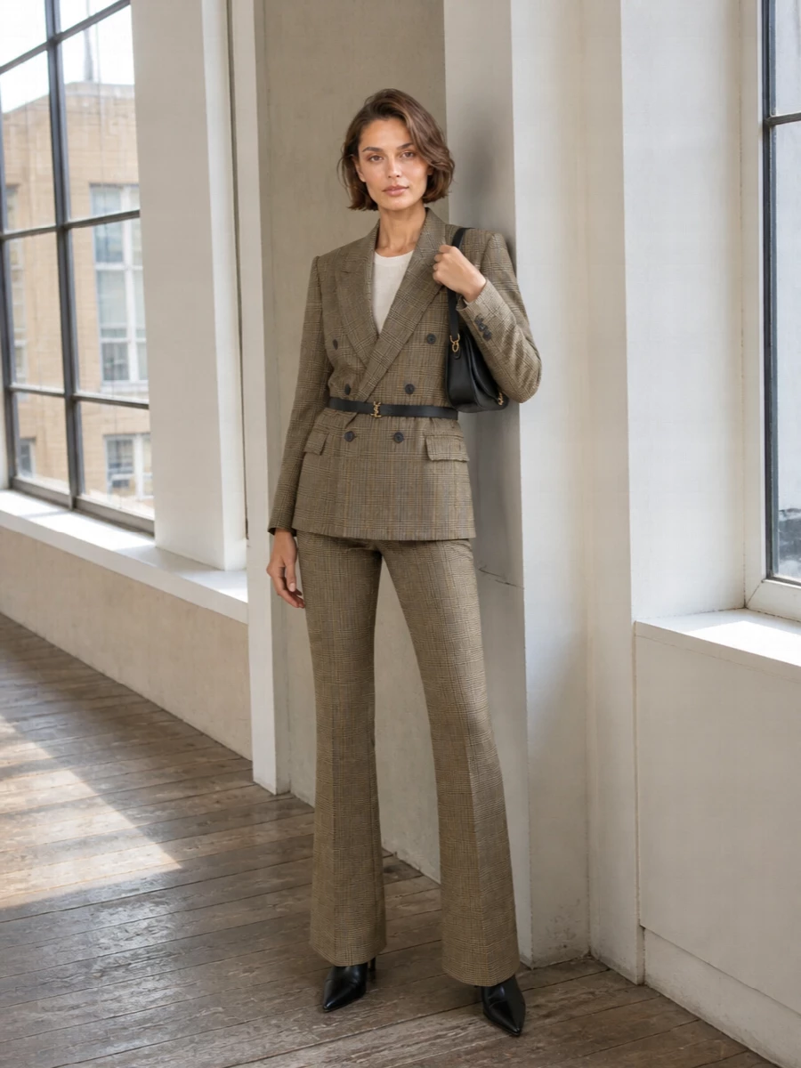 Saint laurent checked suit black ankle boots