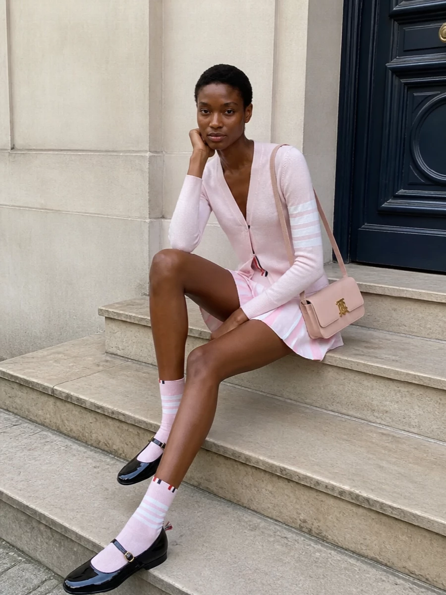 Thom browne blush cardigan pleated mini outfit