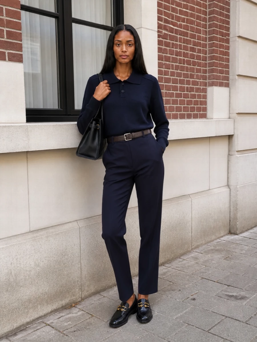 A deep navy column of Studio Nicholson tailoring and polo knit creates a clean, elongated line that feels precise without being stiff. Ink-toned Bottega loafers and a structured Prada tote keep the palette disciplined, while a slim dark-chocolate belt adds a subtle note of warmth at the waist. The result is a quietly assertive uniform that works as hard in client meetings as it does at a late dinner.