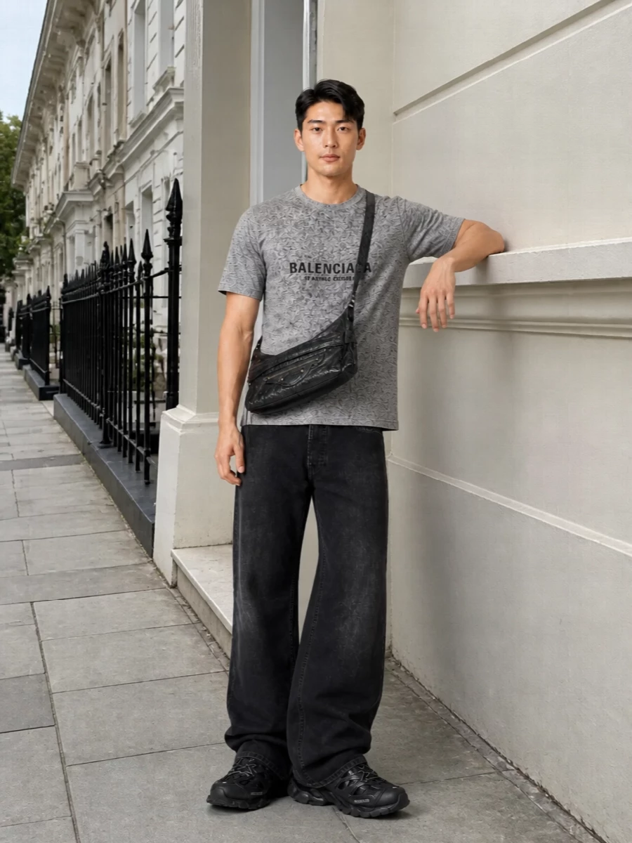 Balenciaga grey logo tee loose black jeans outfit