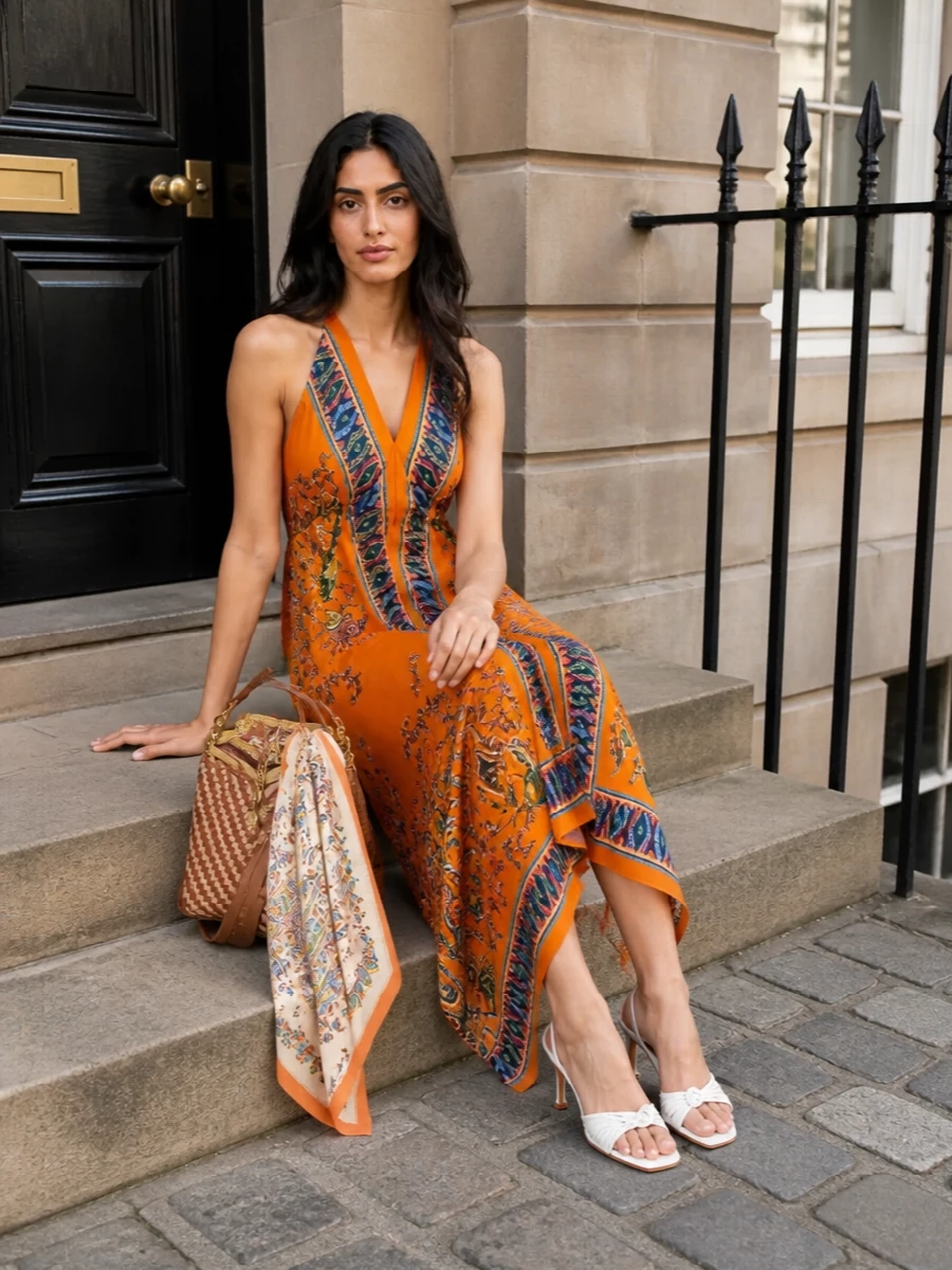 A saturated Etro halter maxi becomes the hero, its scarf-like drape and paisley print setting a sensual, destination mood. Clean, knotted white sandals and a structured woven top-handle keep the silhouette airy and polished. A whisper-light paisley scarf adds one last hit of color that you can wear or simply let swing from the bag.