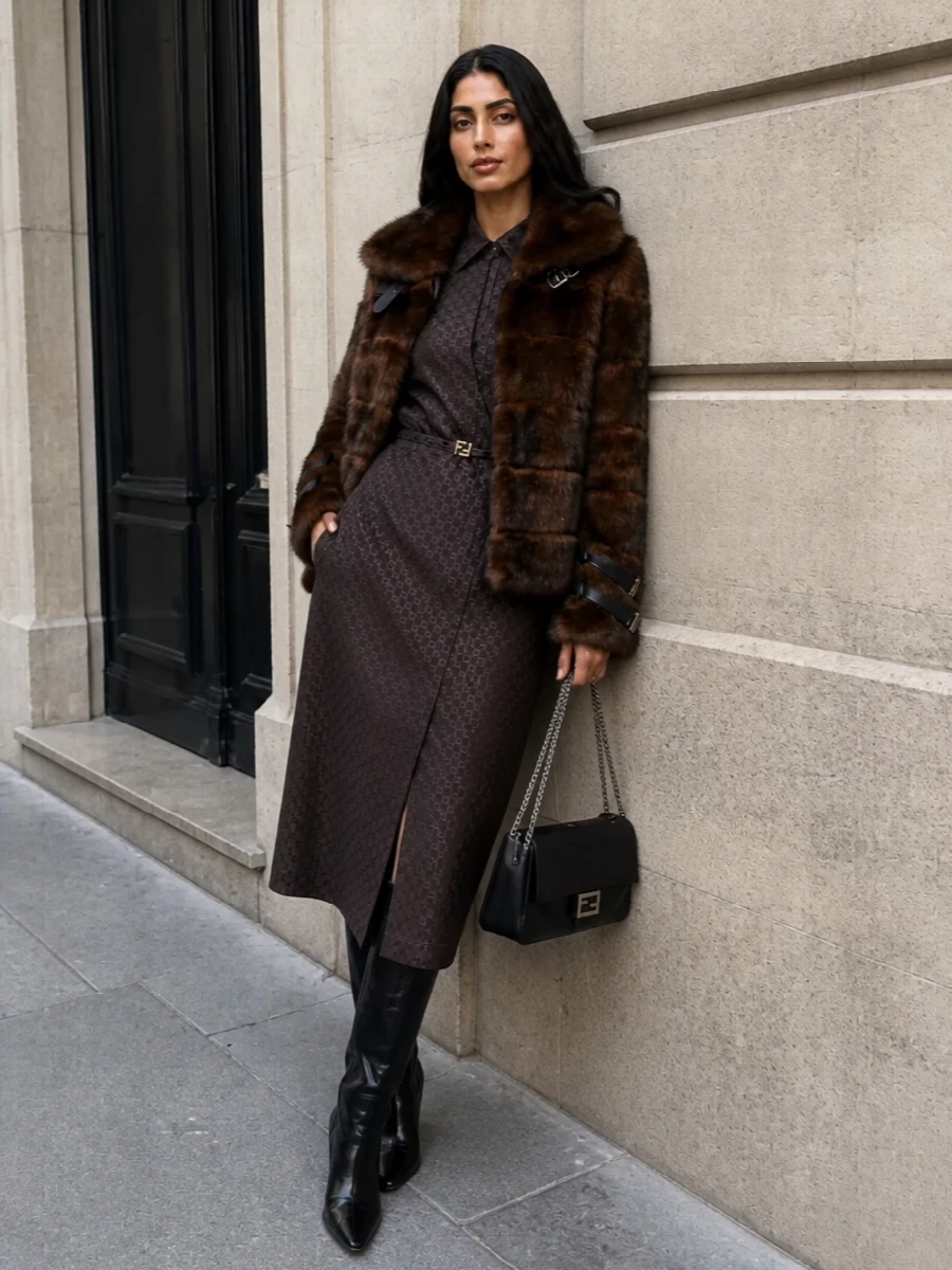 Fendi faux fur coat ff jacquard shirt dress outfit