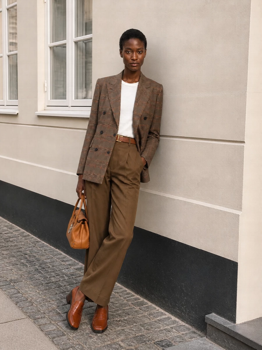 Tagliatore blazer camel wide leg trousers outfit
