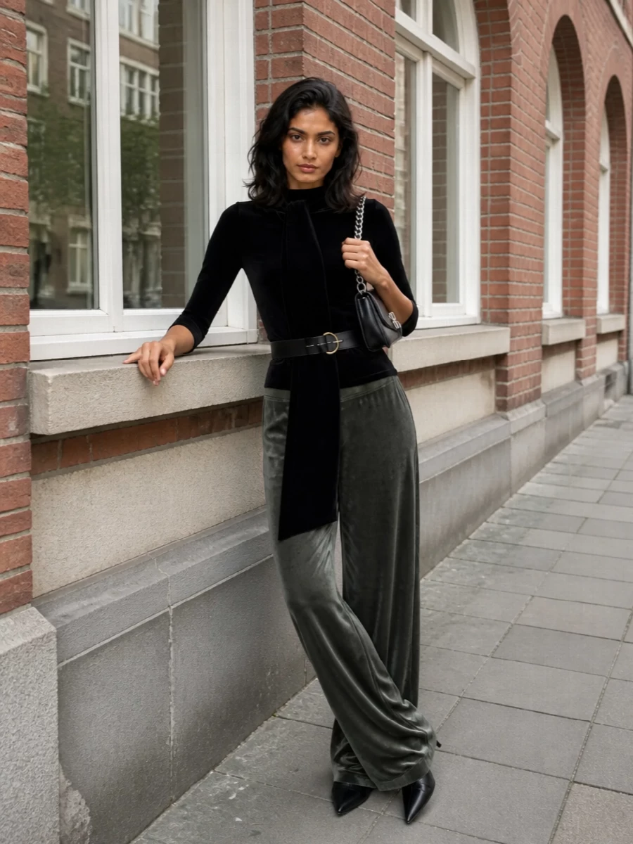 Olive-grey velvet pooling at the hem meets a sharply simple black velvet scarf top for a monochrome, texture-rich Balenciaga statement. Sleek stiletto ankle boots and a slim chain-strap shoulder bag keep everything vertical and precise while the sculpted belt carves out definition at the waist. The result is lounge-level comfort that reads pure night-out city polish.