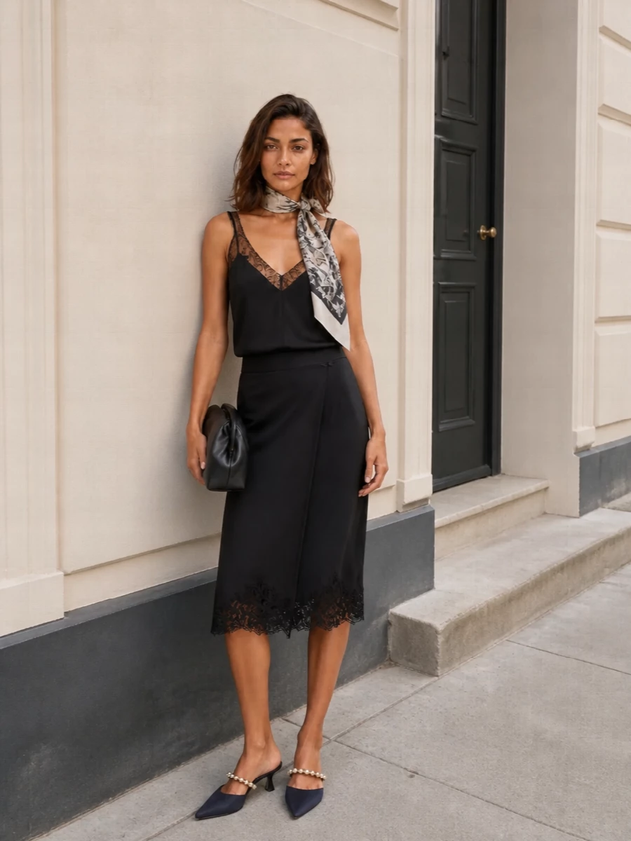 Stella mccartney black satin wrap skirt outfit
