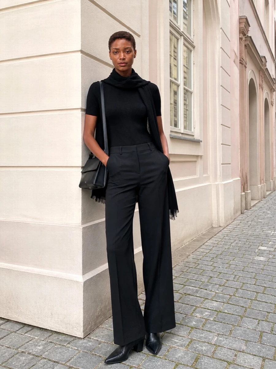 Parosh black ribbed tee wide leg trousers outfit