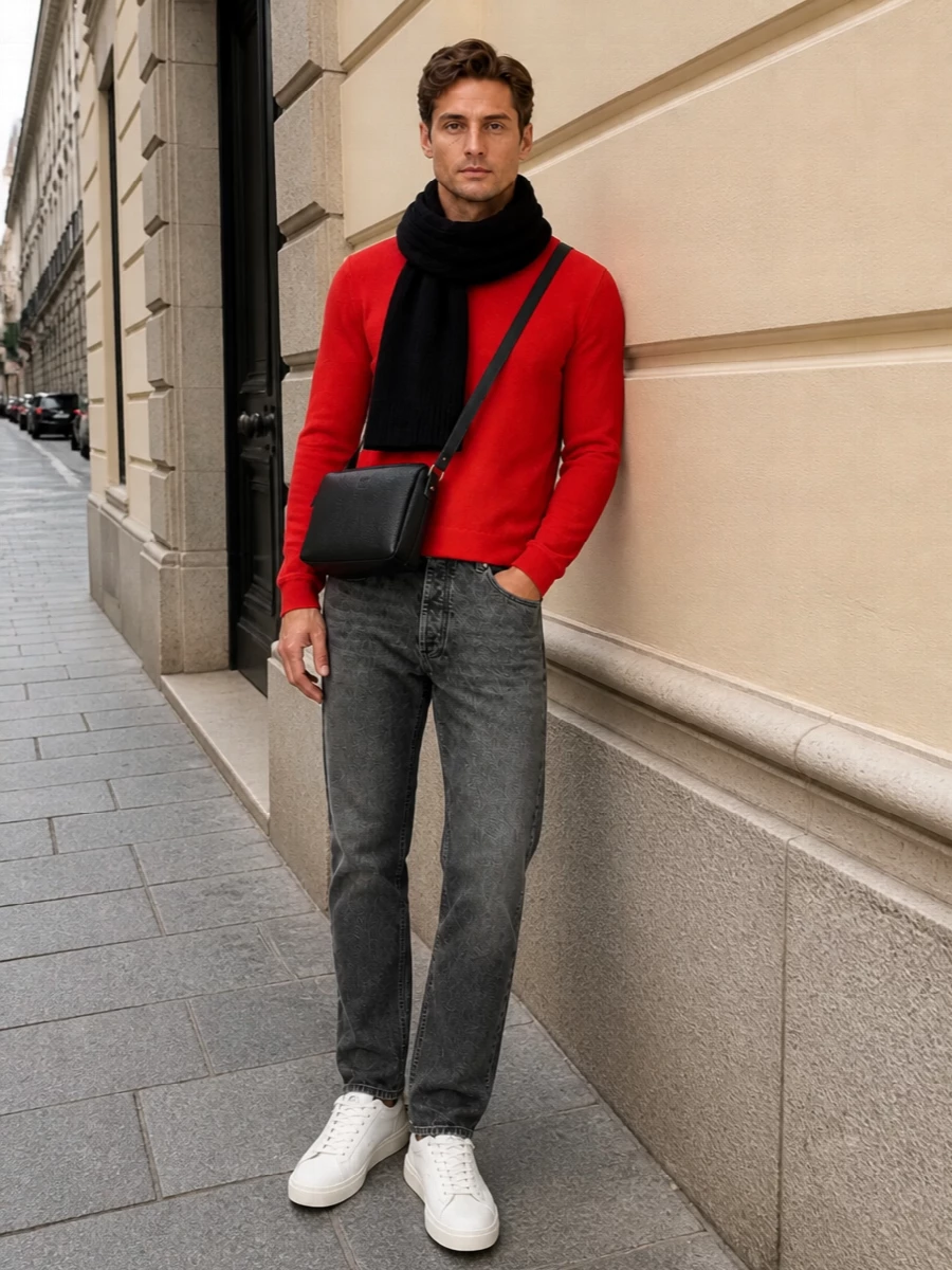 Celine red sweater grey brunello jeans sneakers